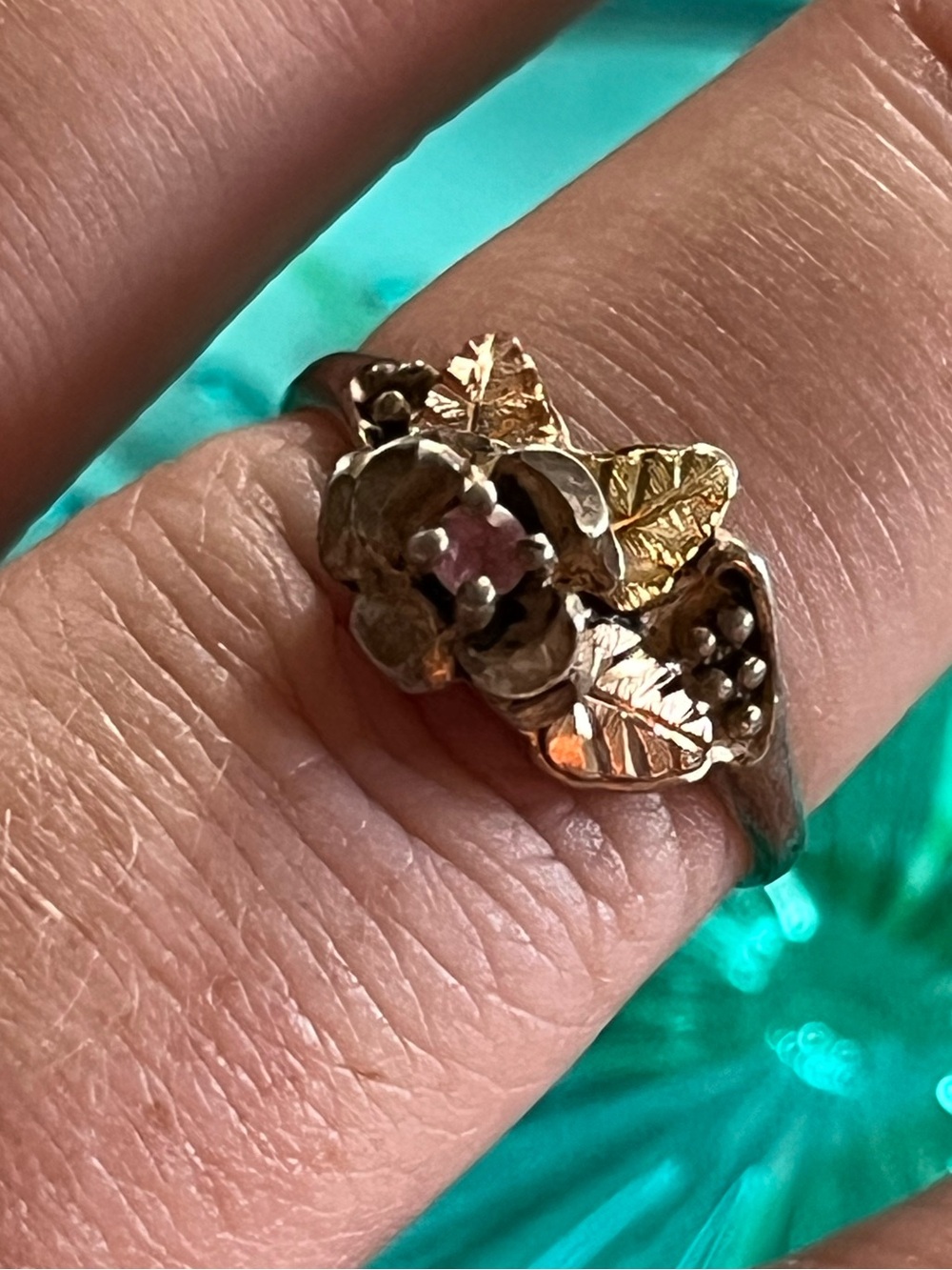 Vintage Black Hills Gold Sterling Silver 925 Pink CZ Rose Floral Size 6.25 Ring